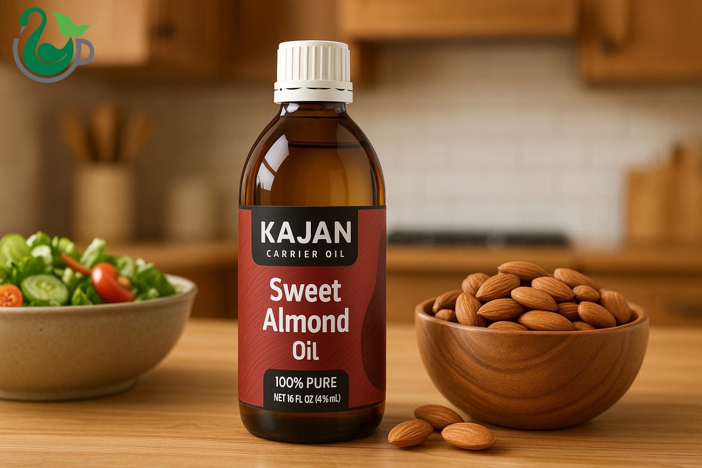 A bottle of Kajan Sweet Almond Oil stands on a kitchen counter next to a bowl of almonds and a bowl of chopped vegetables.