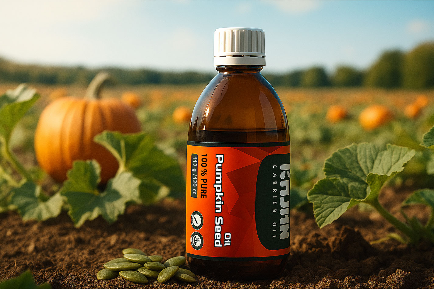 A bottle of KAJAN pumpkin seed oil and a cut pumpkin sit on a wooden table with a field of pumpkins in the background, conveying a fresh, autumnal vibe.
